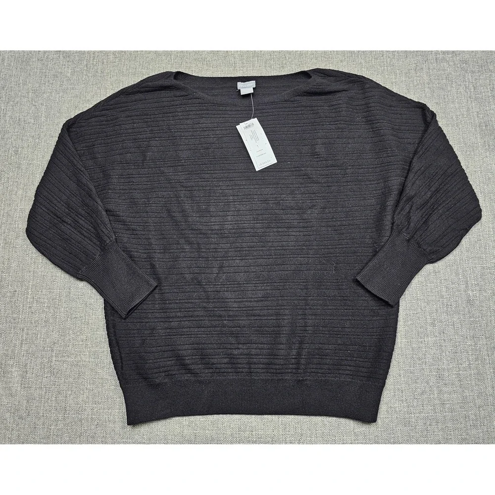 Chicos Sweater Womens Medium Black Modern Rib Detail Pullover‎ Lightweight